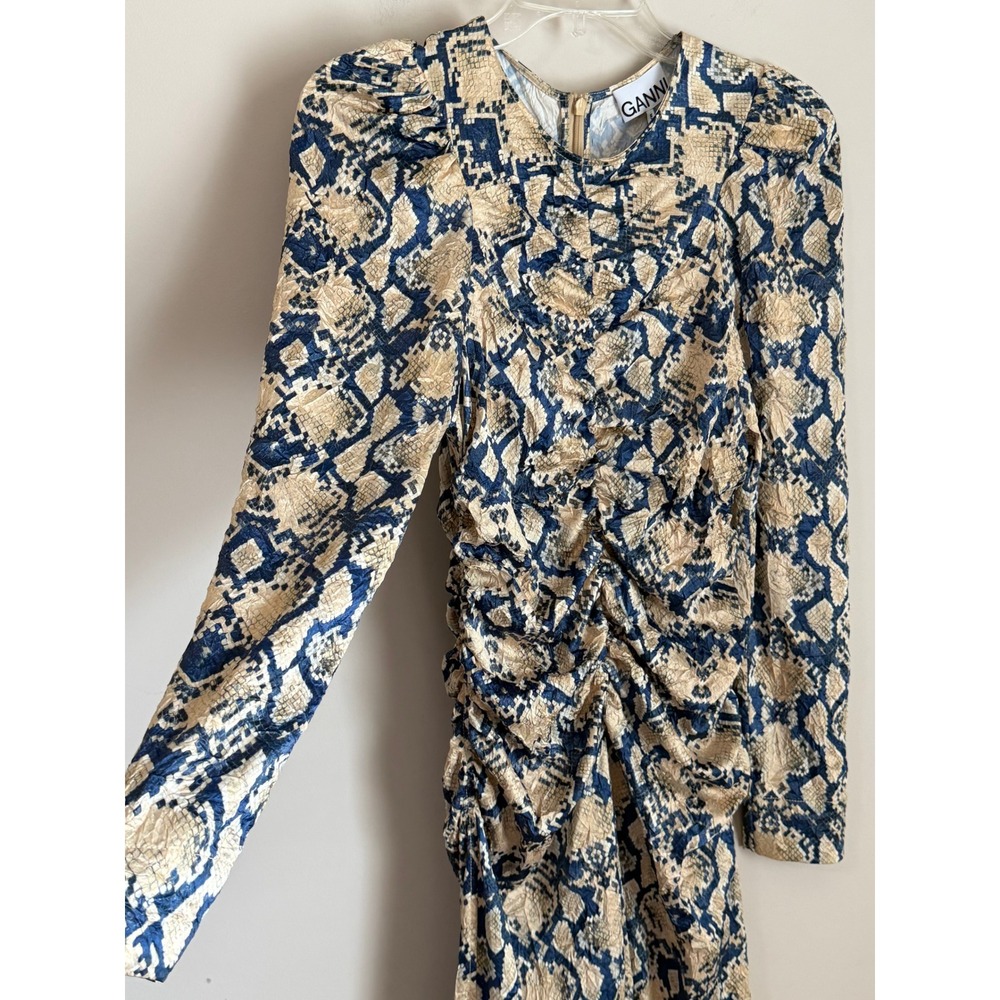 NWT Ganni Midi Dress Womens 6 Blue Tan Snakeskin Ruched Puff Sleeve - Picture 6 of 15